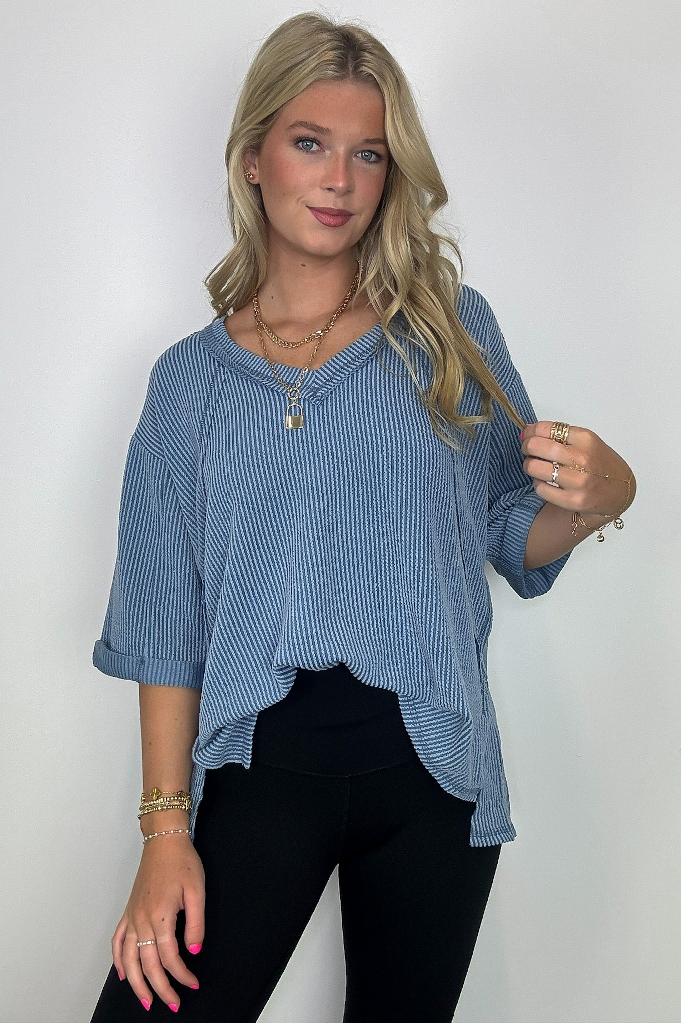 Relaxed Rhythm Corded Rib V-Neck Top - FINAL SALE - Madison and Mallory