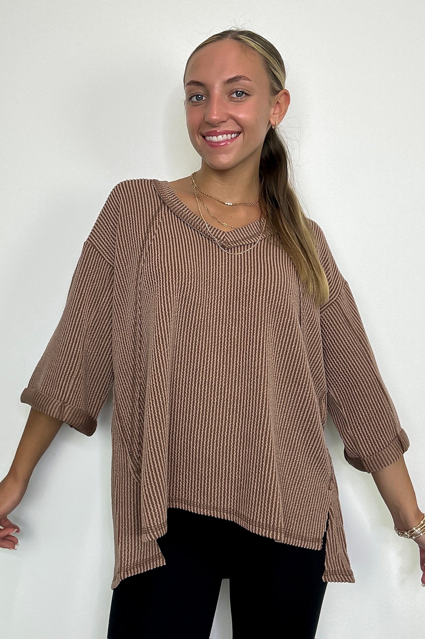 Mocha / SM Relaxed Rhythm Corded Rib V-Neck Top - FINAL SALE - Madison and Mallory