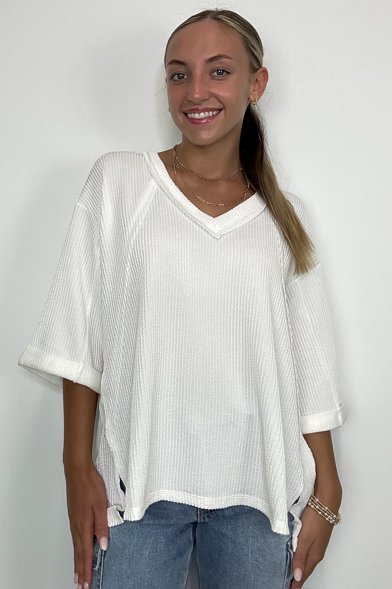 Relaxed Rhythm Corded Rib V-Neck Top - FINAL SALE - Madison and Mallory