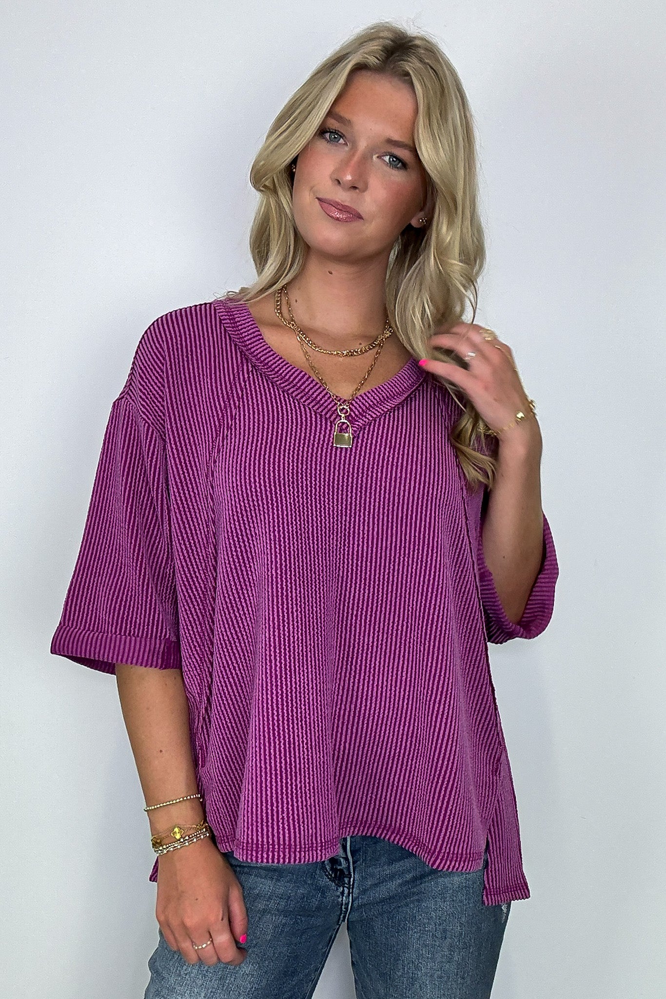 Relaxed Rhythm Corded Rib V-Neck Top - FINAL SALE - Madison and Mallory