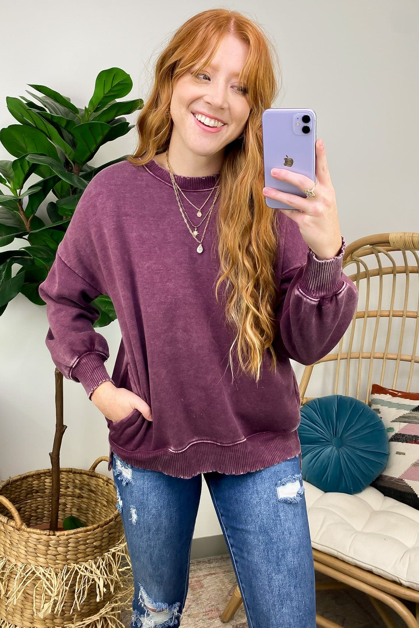 Eggplant / S Remind Me Later Acid Wash Fleece Pullover - Madison and Mallory