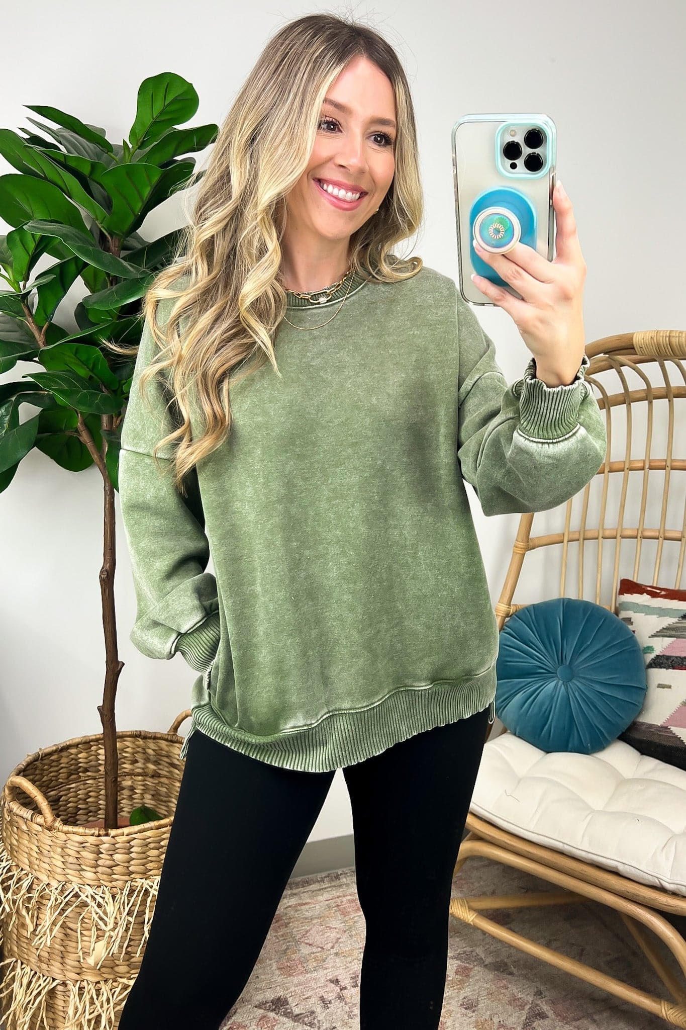 Light Olive / S Remind Me Later Acid Wash Fleece Pullover - Madison and Mallory