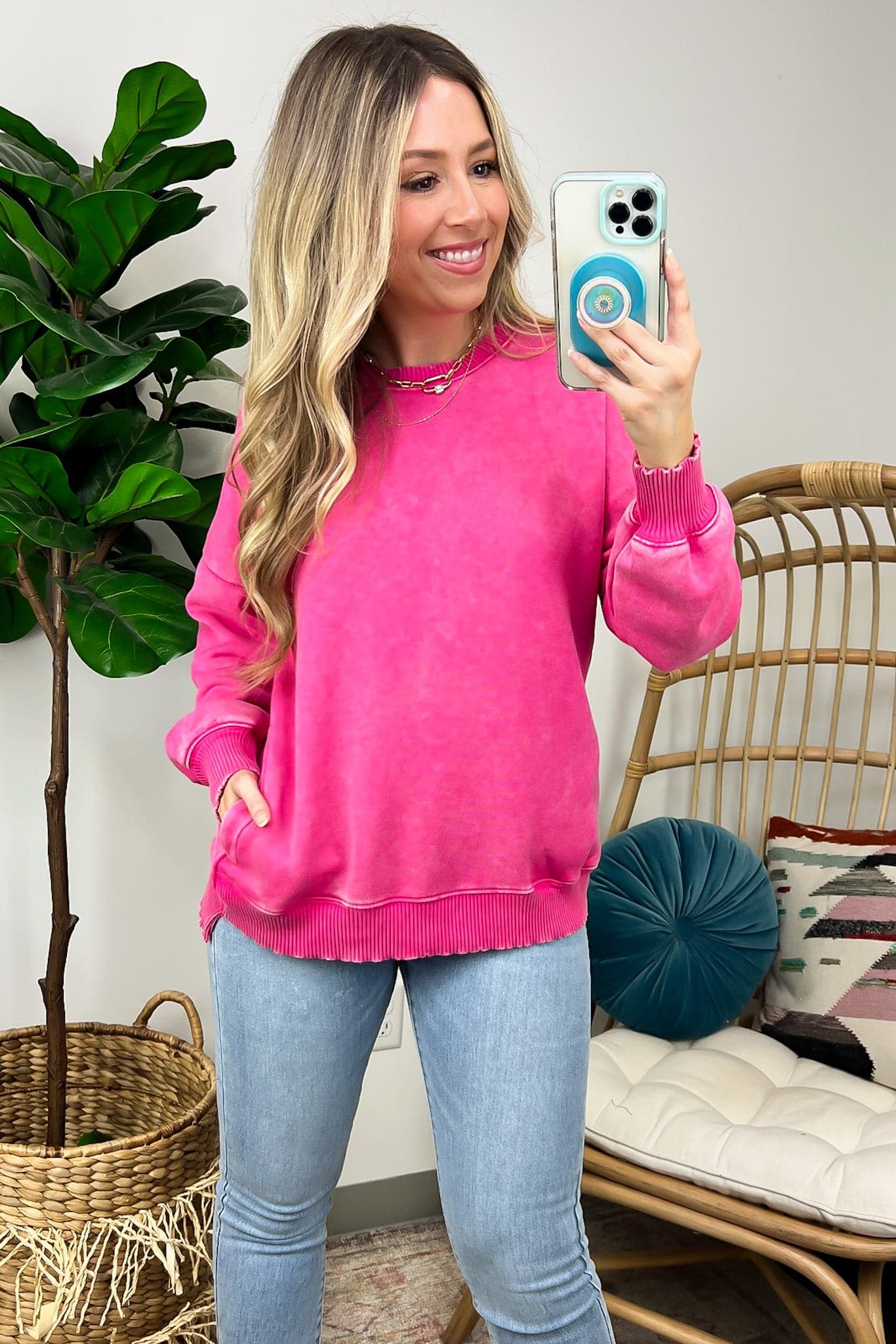 Hot Pink / S Remind Me Later Acid Wash Fleece Pullover - Madison and Mallory