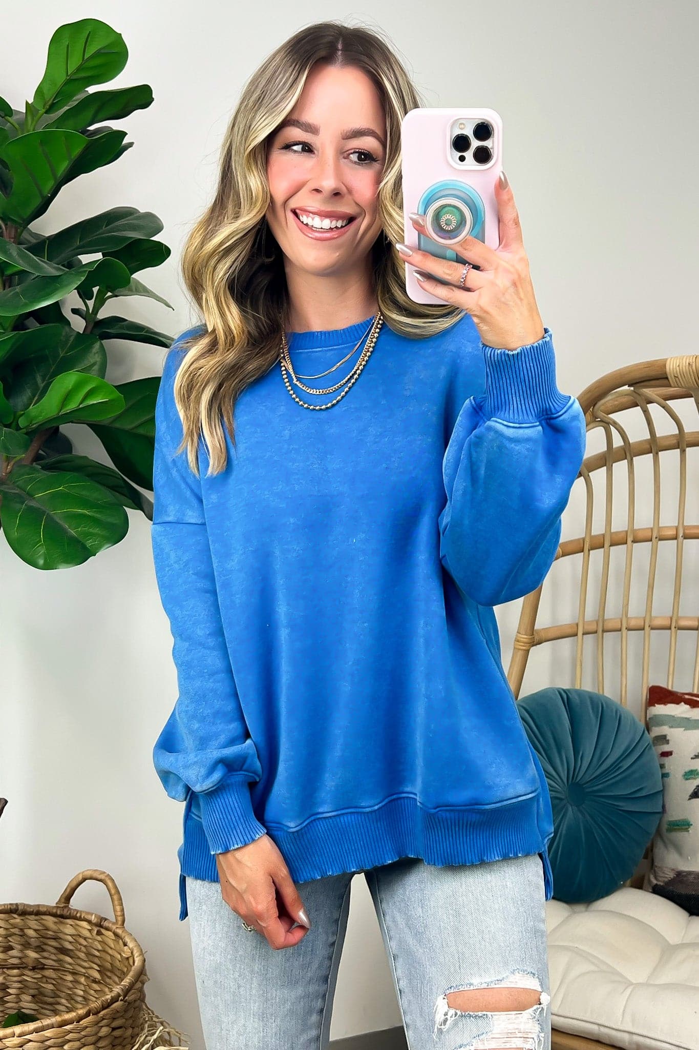 Ocean Blue / S Remind Me Later Acid Wash Fleece Pullover - Madison and Mallory