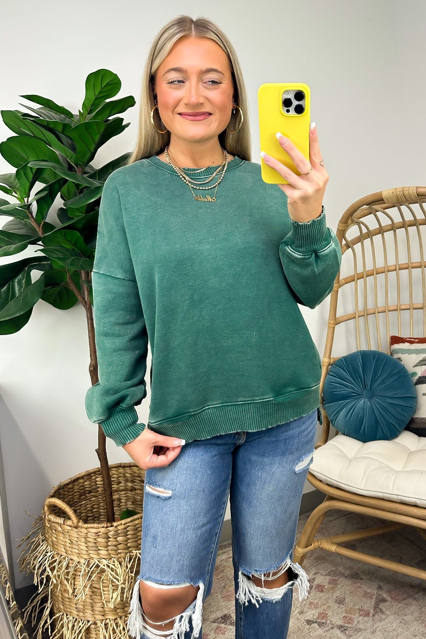 Dark Green / S Remind Me Later Acid Wash Fleece Pullover - Madison and Mallory