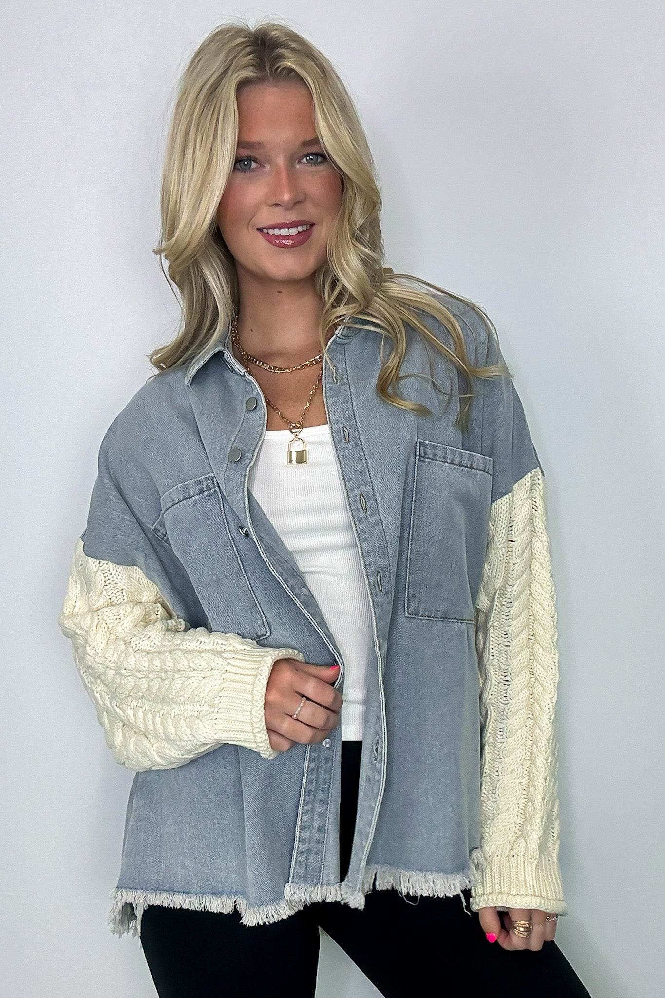  Remy Contrast Knit Denim Jacket - Madison and Mallory