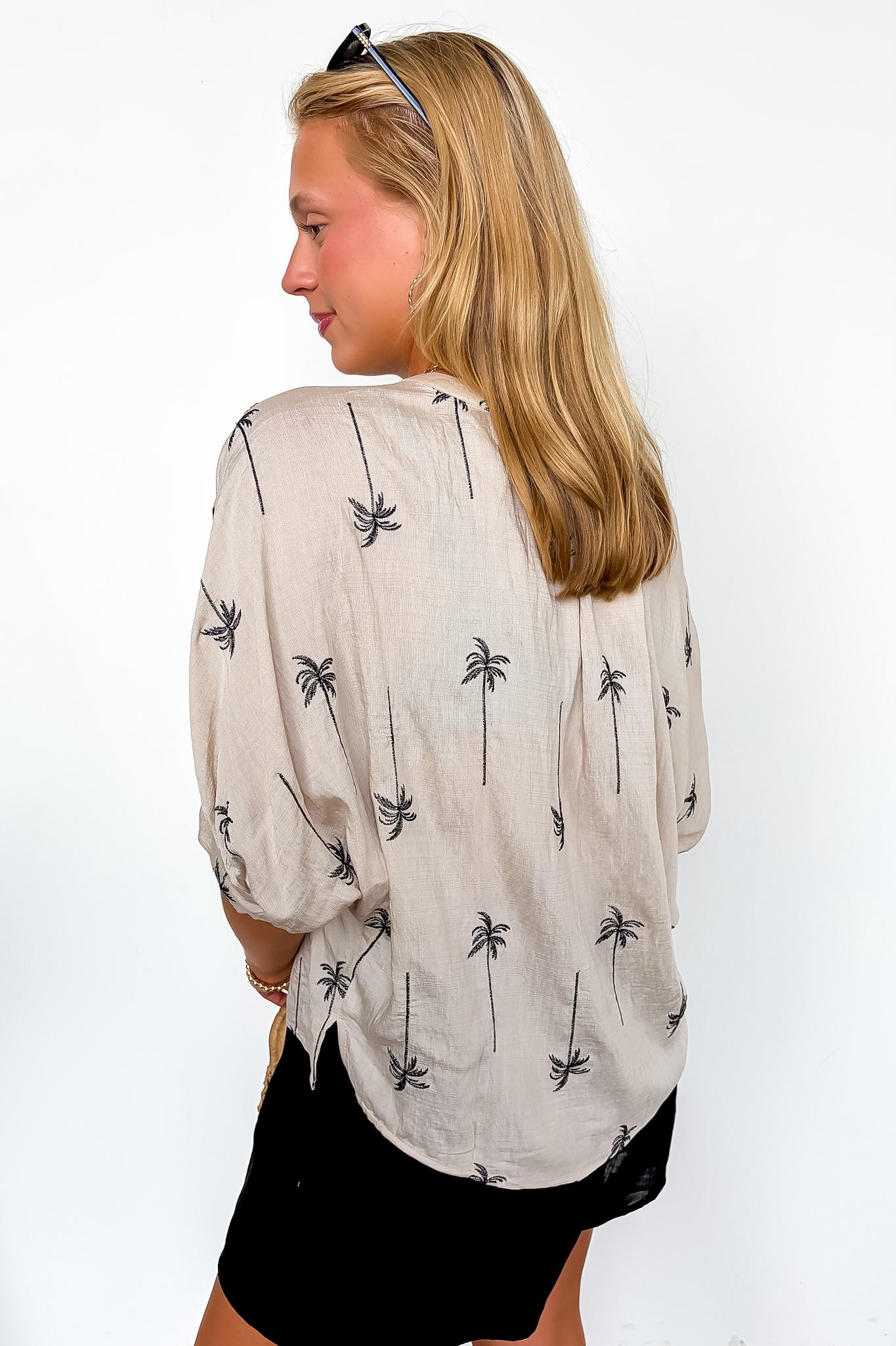 Resort Rhythm Draped Embroidered Palm Tree Top