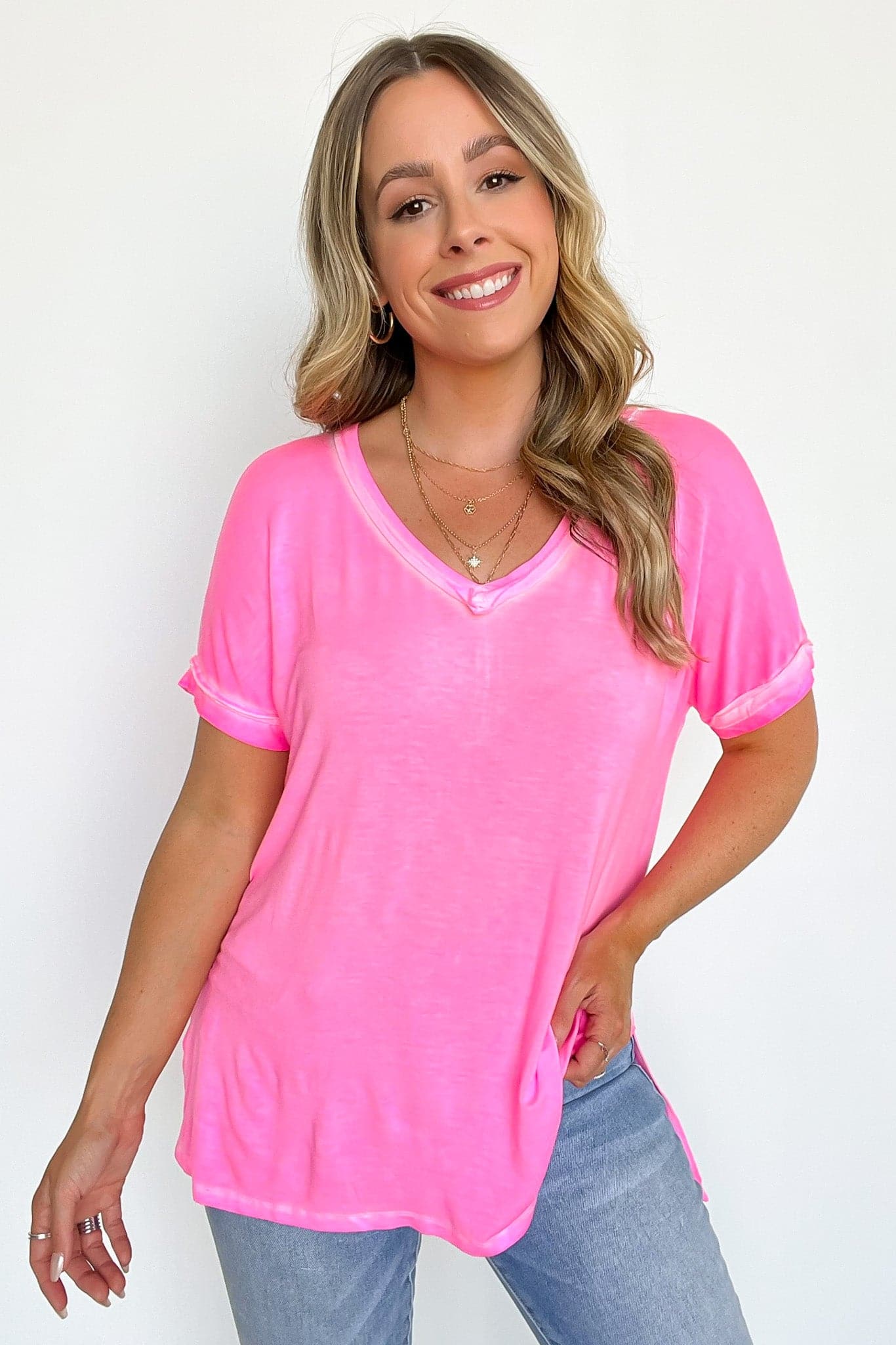 Neon Fuchsia / S Rezah Mineral Washed V-Neck Top - BACK IN STOCK - Madison and Mallory