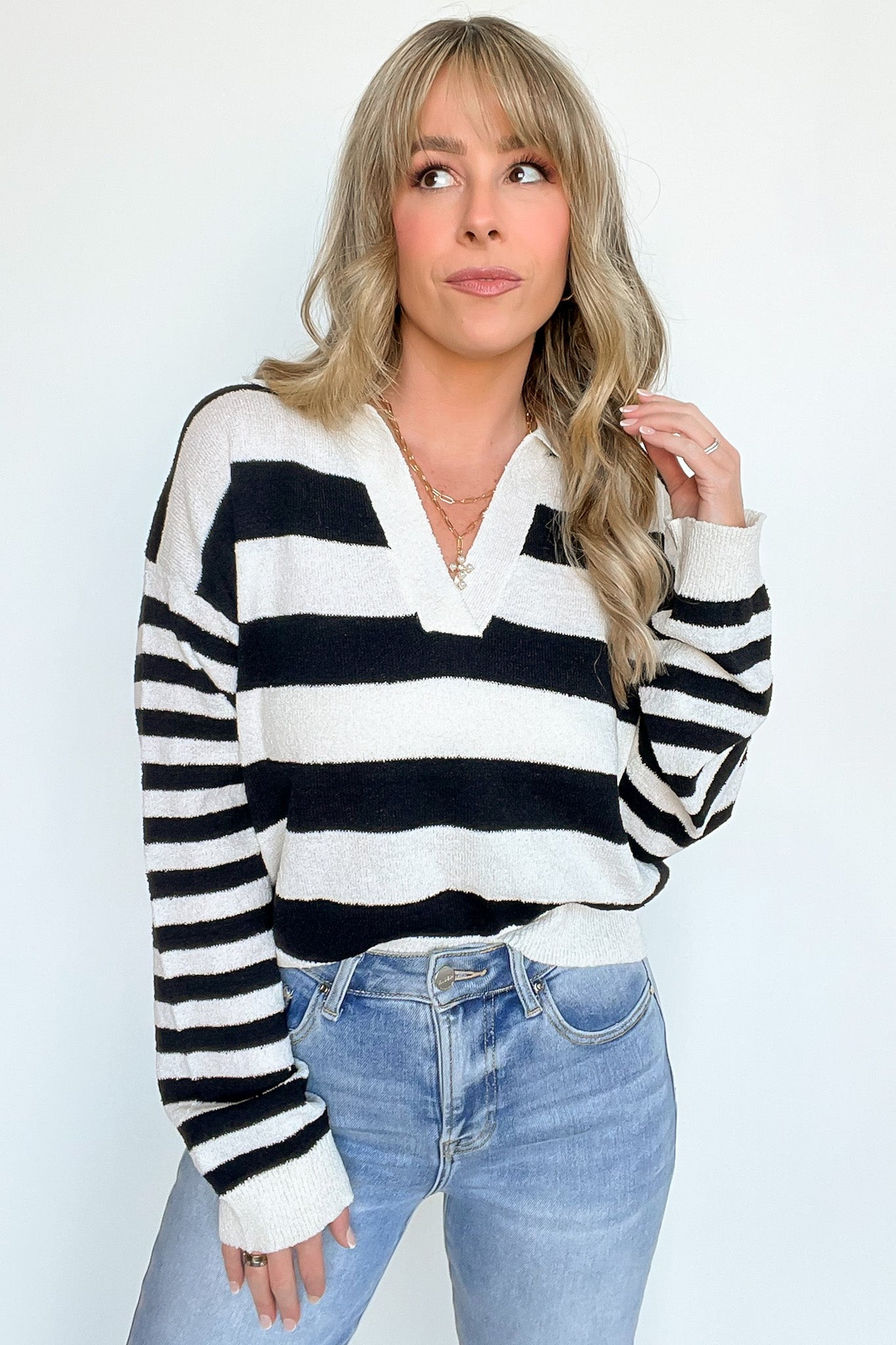 Black/Cream / S Rhianne Collared Drop Shoulder Knit Top - Madison and Mallory