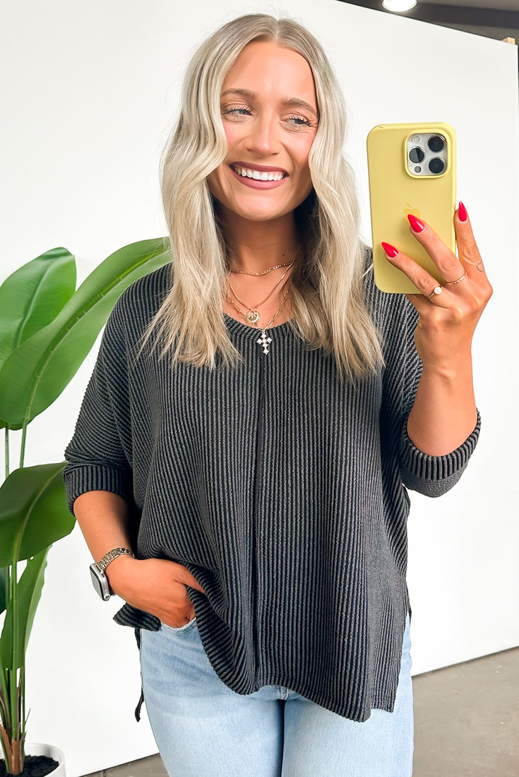 Charcoal / SM Rhysa Textured Knit V-Neck Top - BACK IN STOCK - Madison and Mallory
