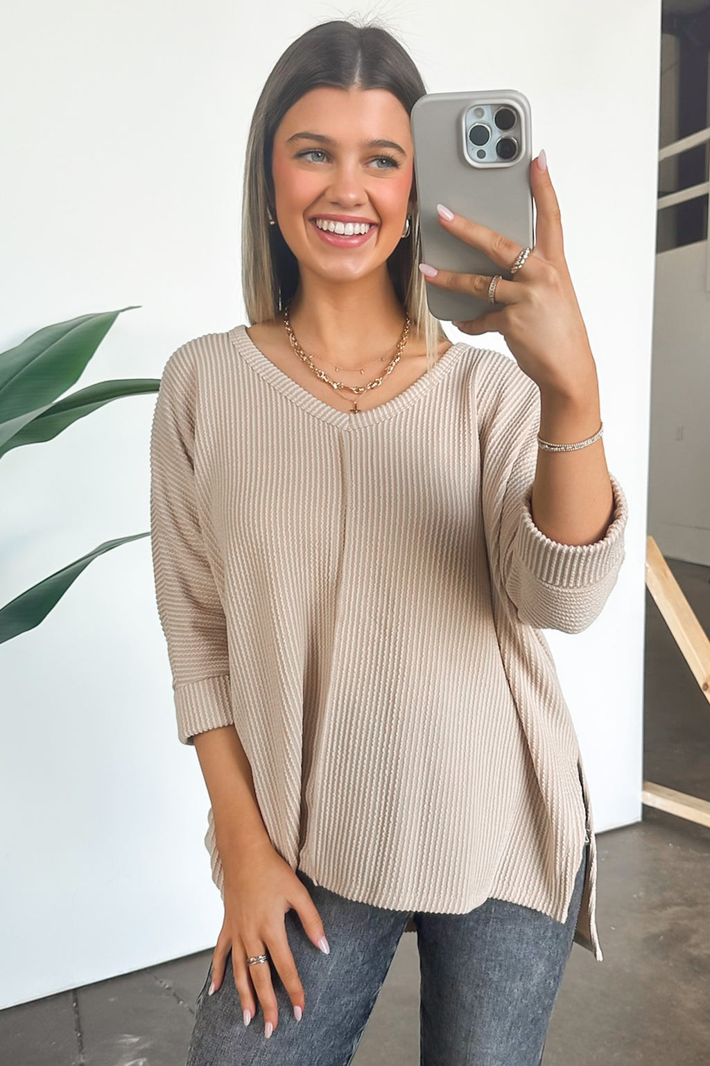 Sand Beige / SM Rhysa Textured Knit V-Neck Top - BACK IN STOCK - Madison and Mallory