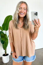 Camel / SM Rhysa Textured Knit V-Neck Top - FINAL SALE - Madison and Mallory