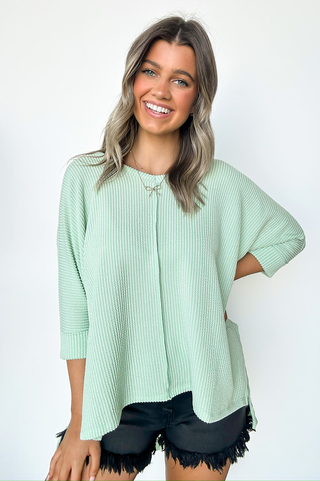 Light Green / SM Rhysa Textured Knit V-Neck Top - FINAL SALE - Madison and Mallory