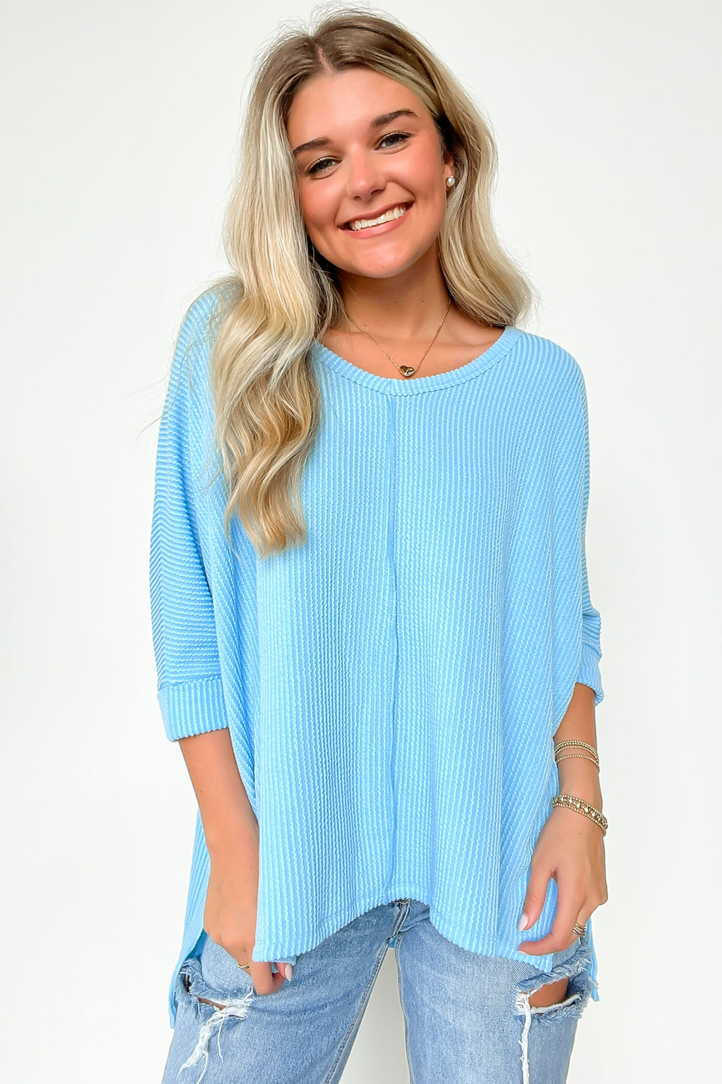 Spring Blue / SM Rhysa Textured Knit V-Neck Top - FINAL SALE - Madison and Mallory