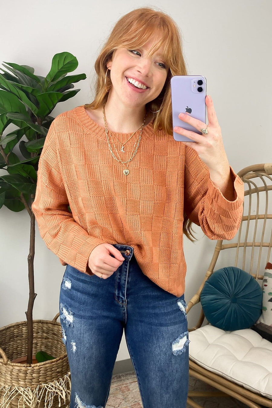 S / Rust Rianah Checkered Knit Sweater - FINAL SALE - Madison and Mallory