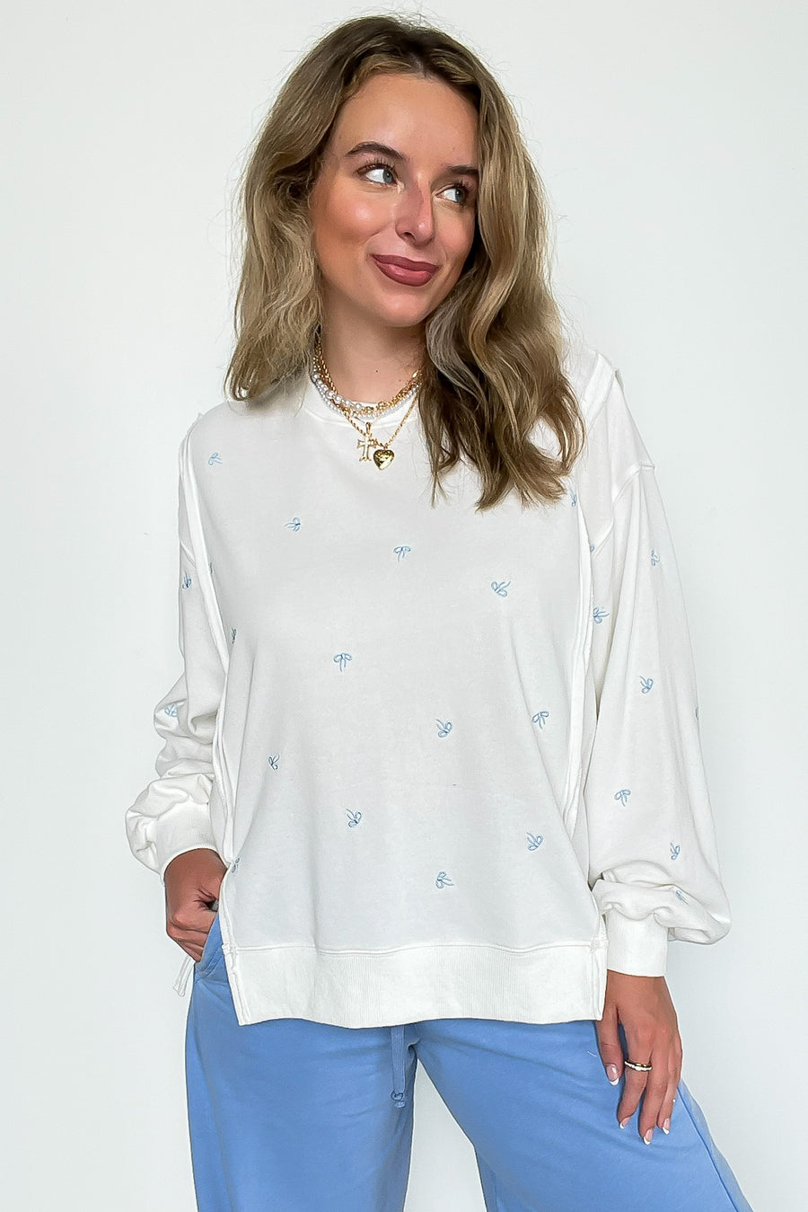 White / S Ribbon Dreams Bow Embroidered Pullover - Madison and Mallory