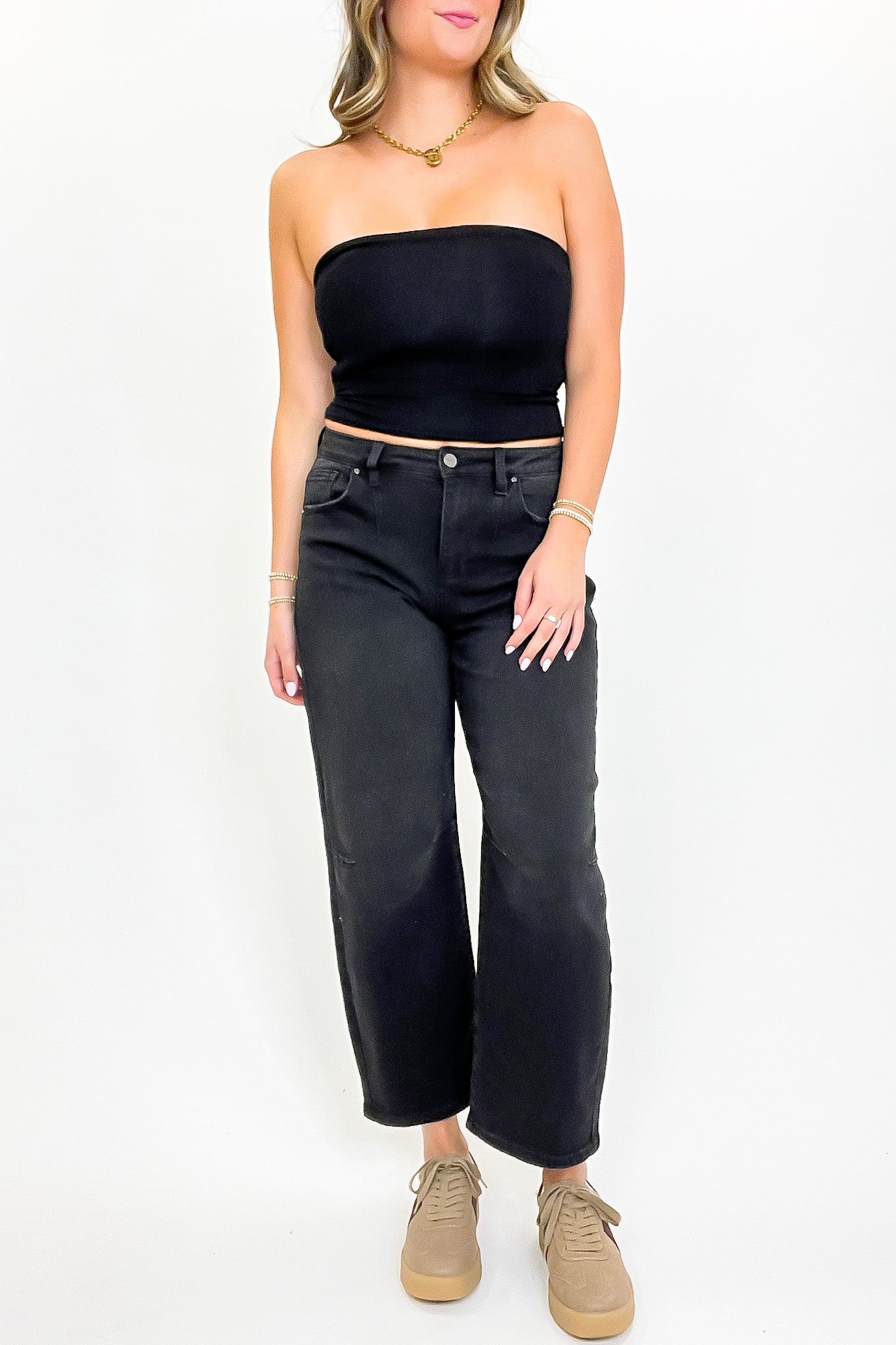 Black / 1 Ridgeway Mid Rise Fit Crop Wide Barrel Leg Jeans - Madison and Mallory