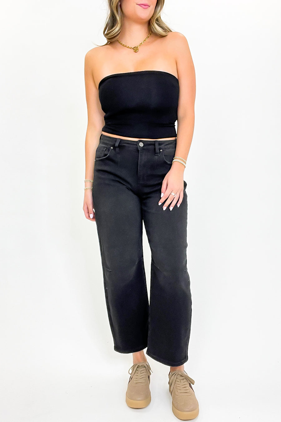 Black / 1 Ridgeway Mid Rise Fit Crop Wide Barrel Leg Jeans - Madison and Mallory