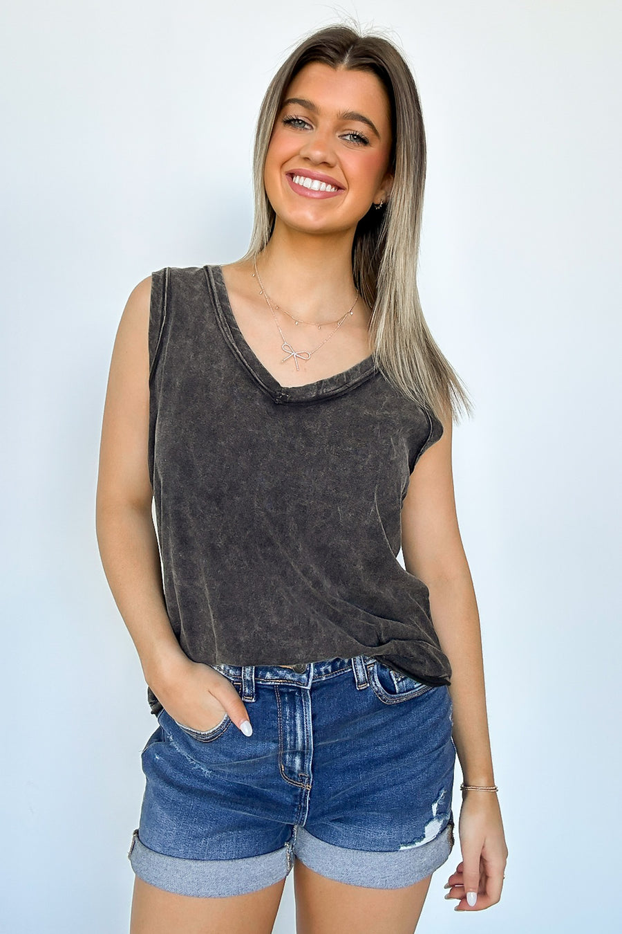 Ash Black / S Rima Mineral Wash Flowy Tank Top - Madison and Mallory