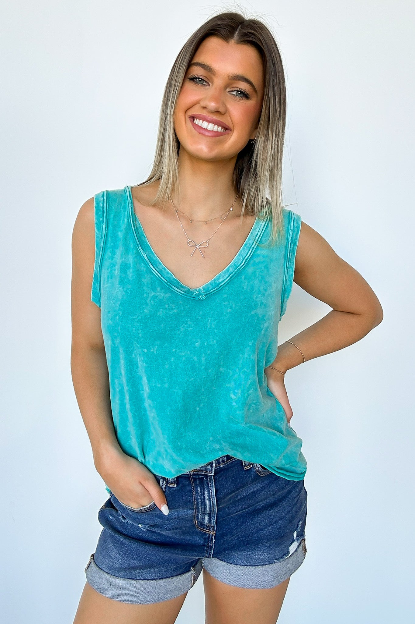 Light Teal / S Rima Mineral Wash Flowy Tank Top - Madison and Mallory
