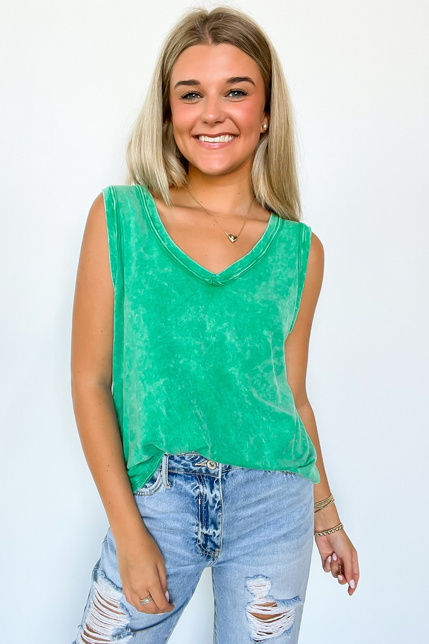 Kelly Green / S Rima Mineral Wash Flowy Tank Top - Madison and Mallory