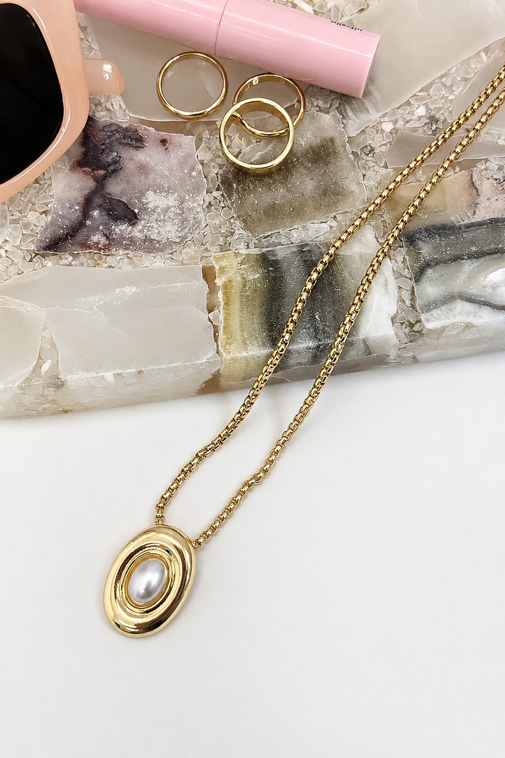 Gold Ripple Effect Pearl Pendant Necklace - Madison and Mallory