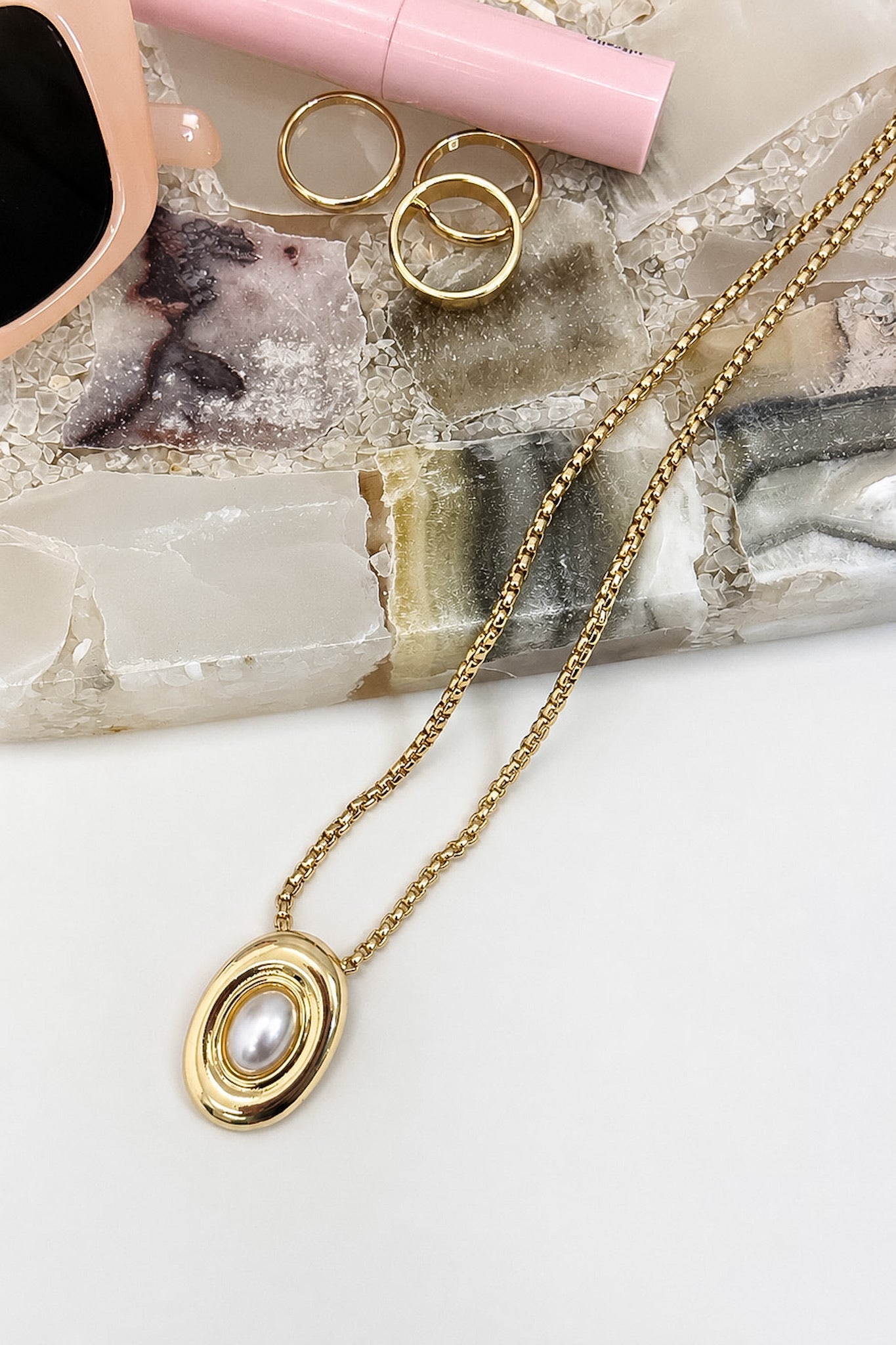 Gold Ripple Effect Pearl Pendant Necklace - Madison and Mallory