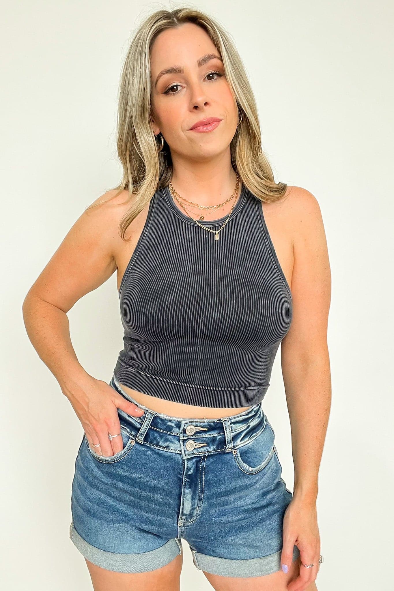 Black / SM Rivera Washed Ribbed High Neck Cropped Tank Top - BACK IN STOCK - Madison and Mallory