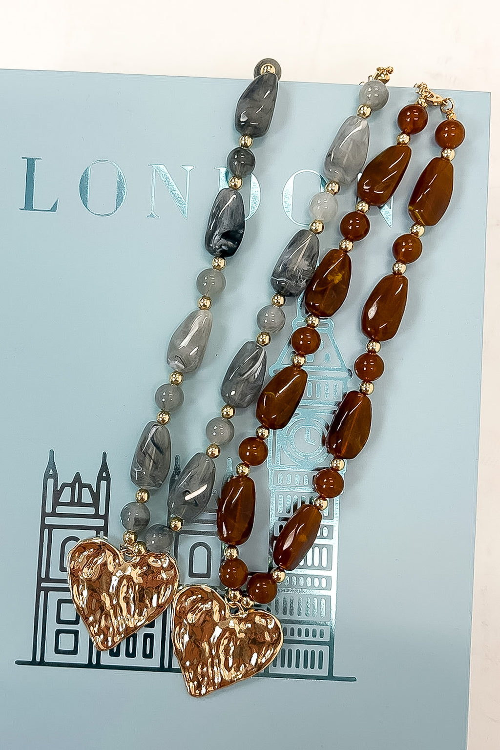 Riviera Heart Hammered Pendant Resin Beaded Necklace - Madison and Mallory