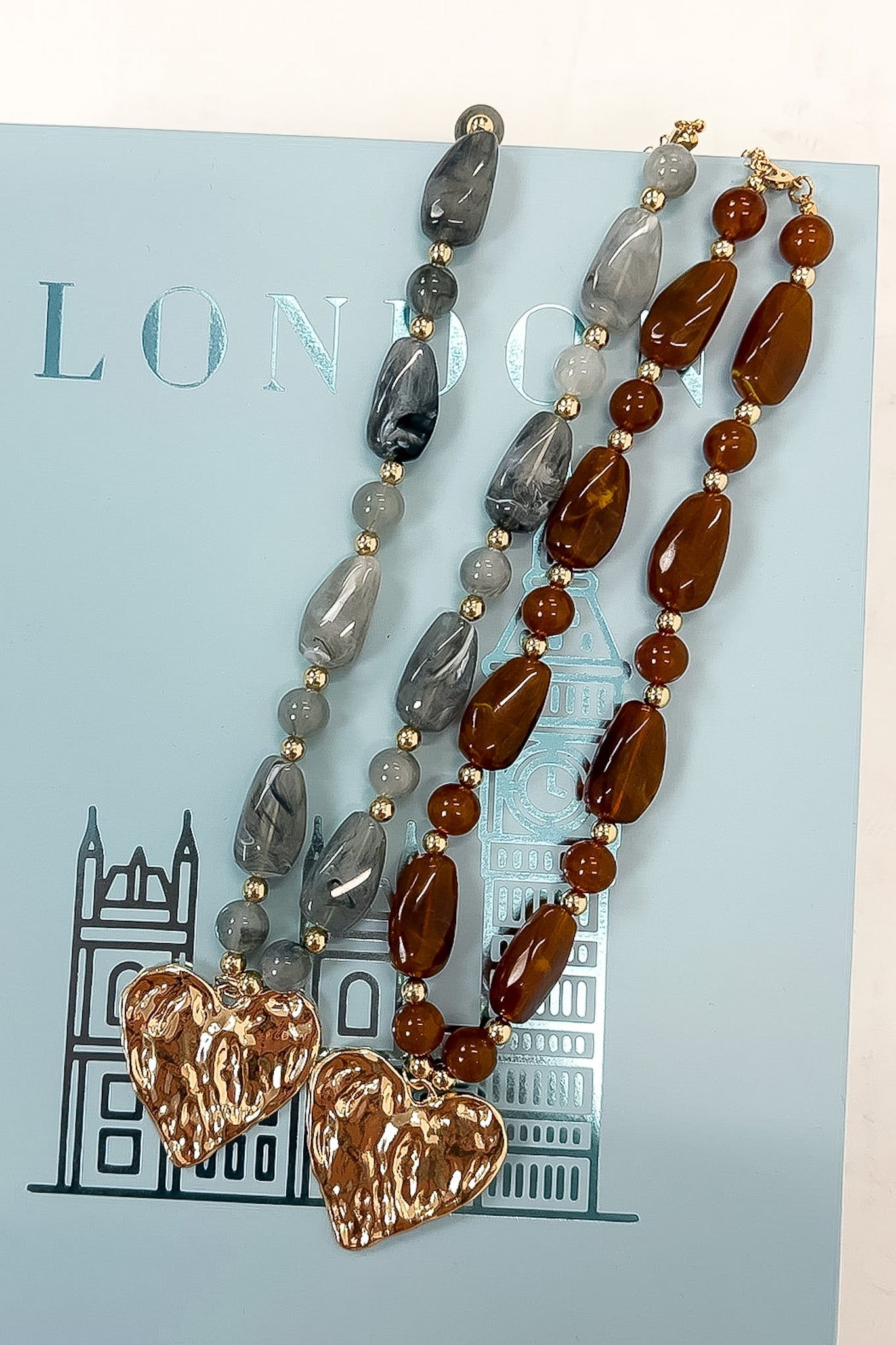 Riviera Heart Hammered Pendant Resin Beaded Necklace