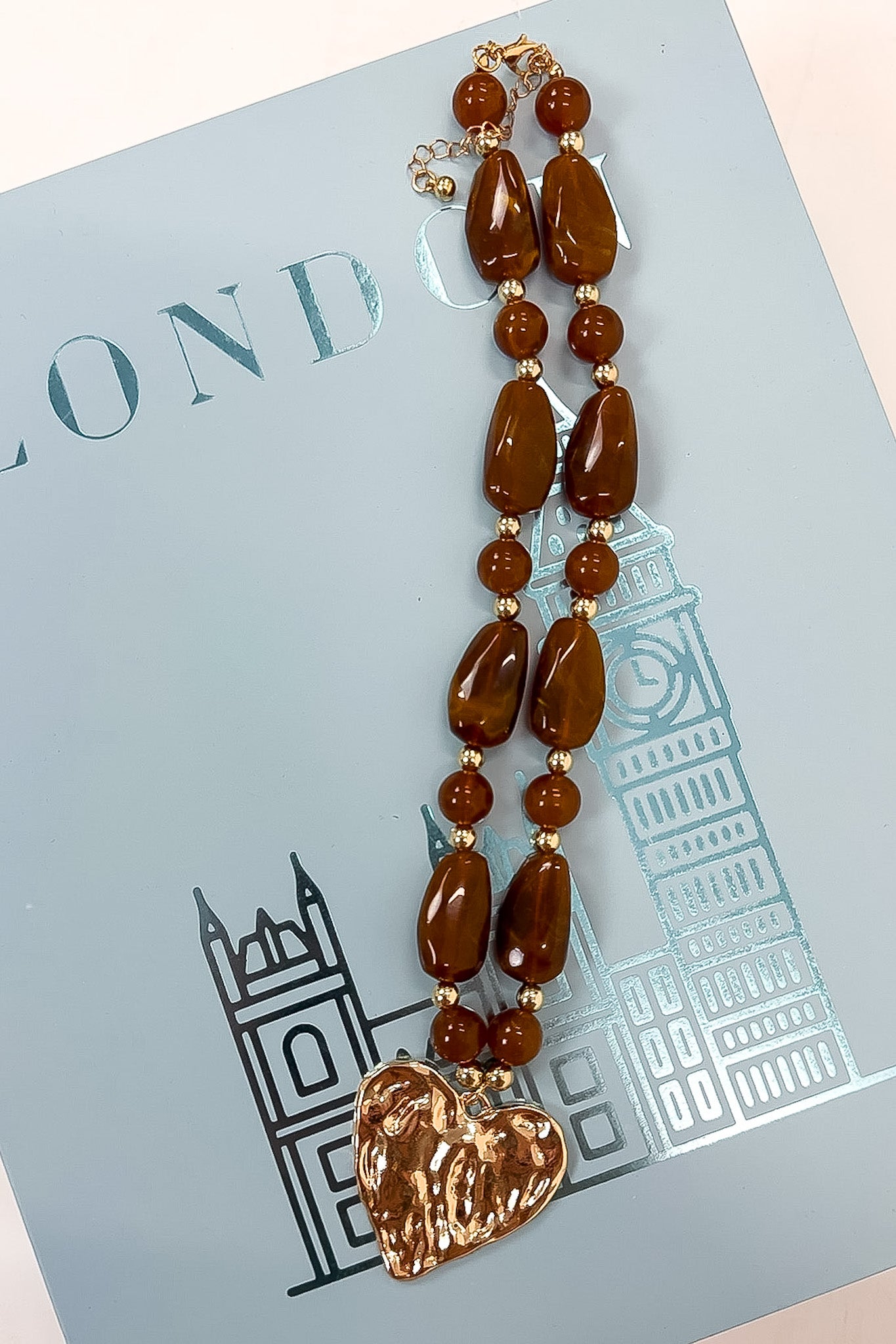 Riviera Heart Hammered Pendant Resin Beaded Necklace