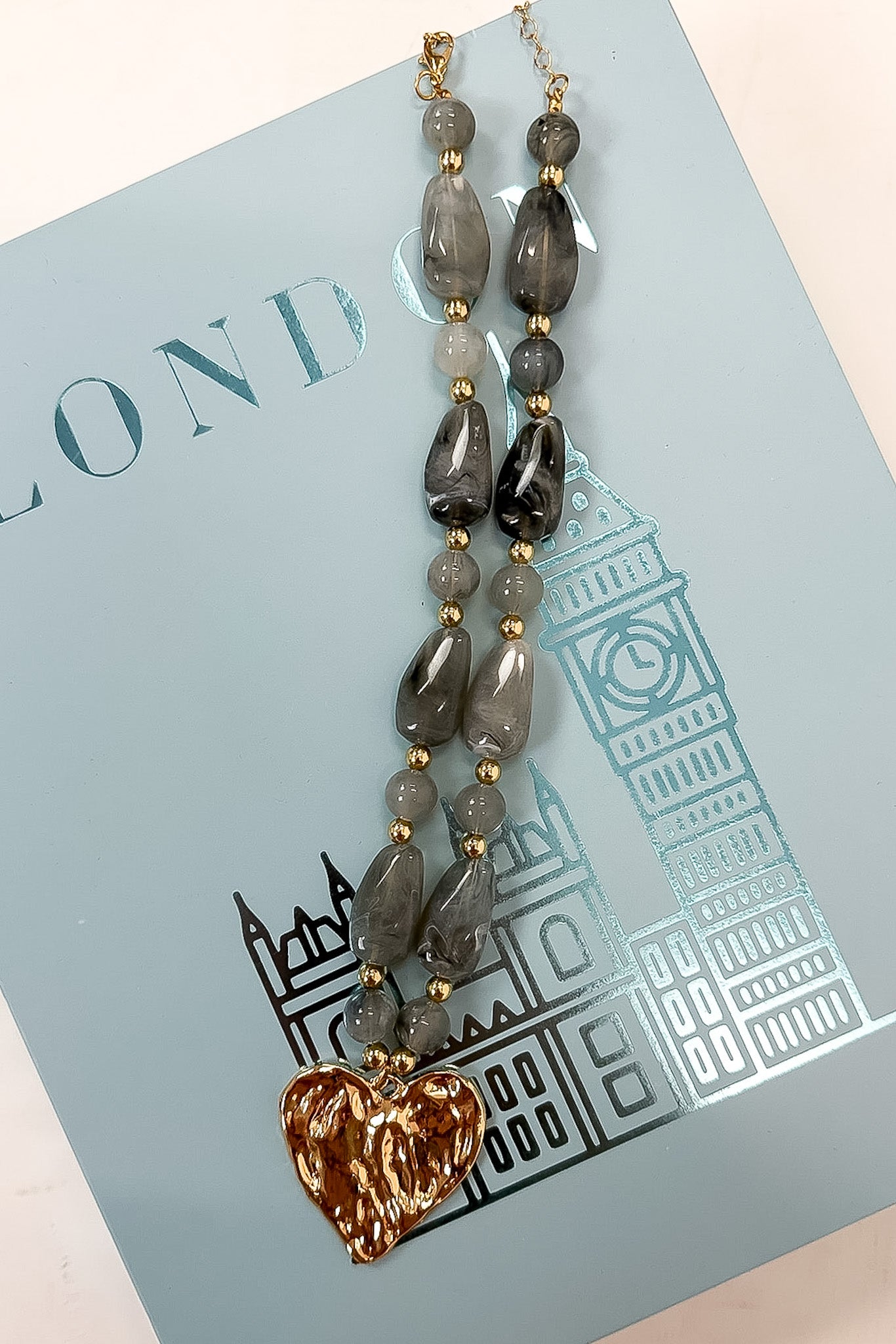 Riviera Heart Hammered Pendant Resin Beaded Necklace