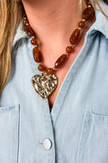 Brown Riviera Heart Hammered Pendant Resin Beaded Necklace - Madison and Mallory