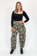 1 / Camo Washed Rogue Terrain Camo Mid Waisted Barrel Leg Jeans - FINAL SALE - Madison and Mallory