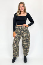 1 / Camo Washed Rogue Terrain Camo Mid Waisted Barrel Leg Jeans - FINAL SALE - Madison and Mallory