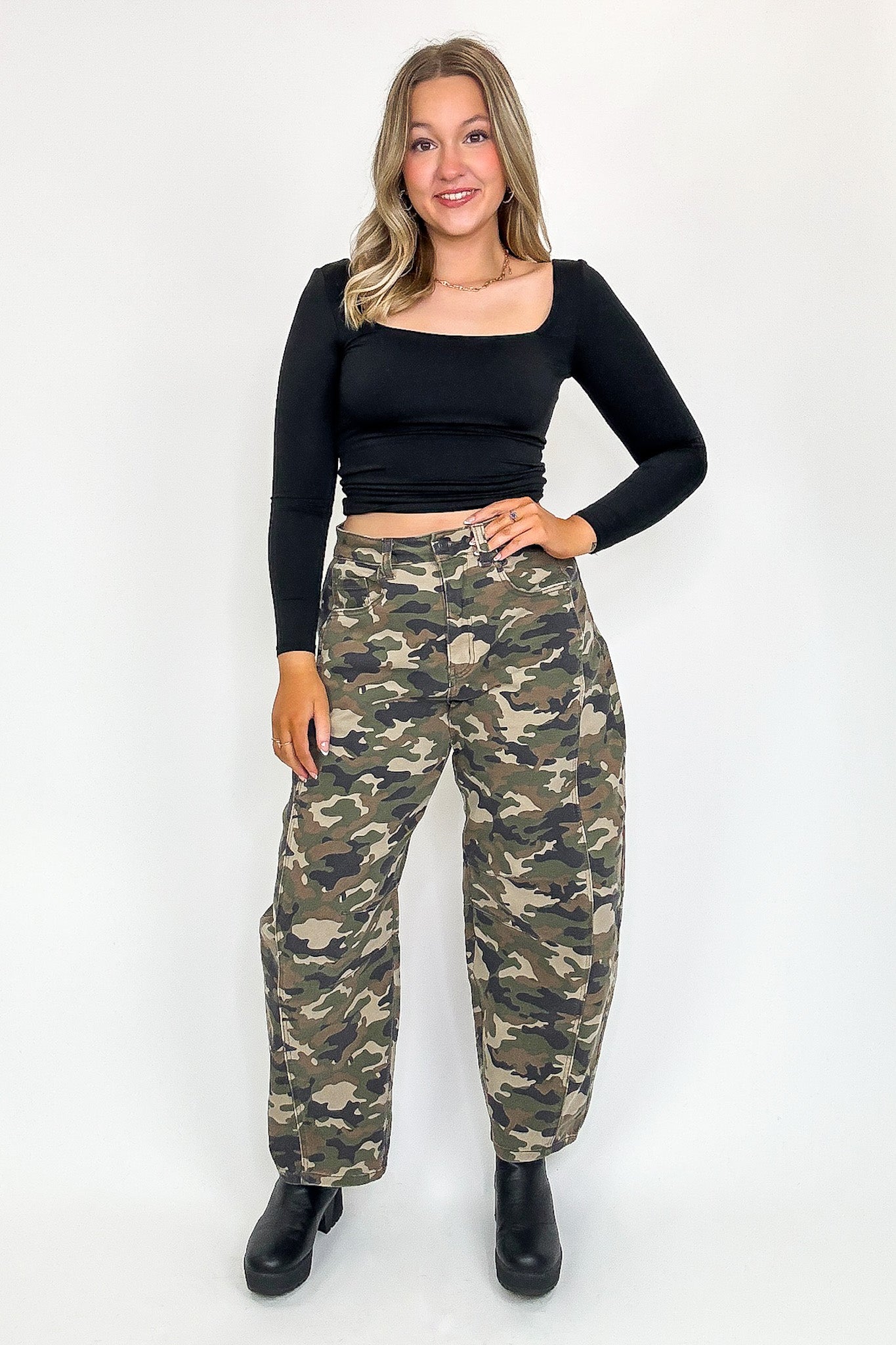 1 / Camo Washed Rogue Terrain Camo Mid Waisted Barrel Leg Jeans - FINAL SALE - Madison and Mallory