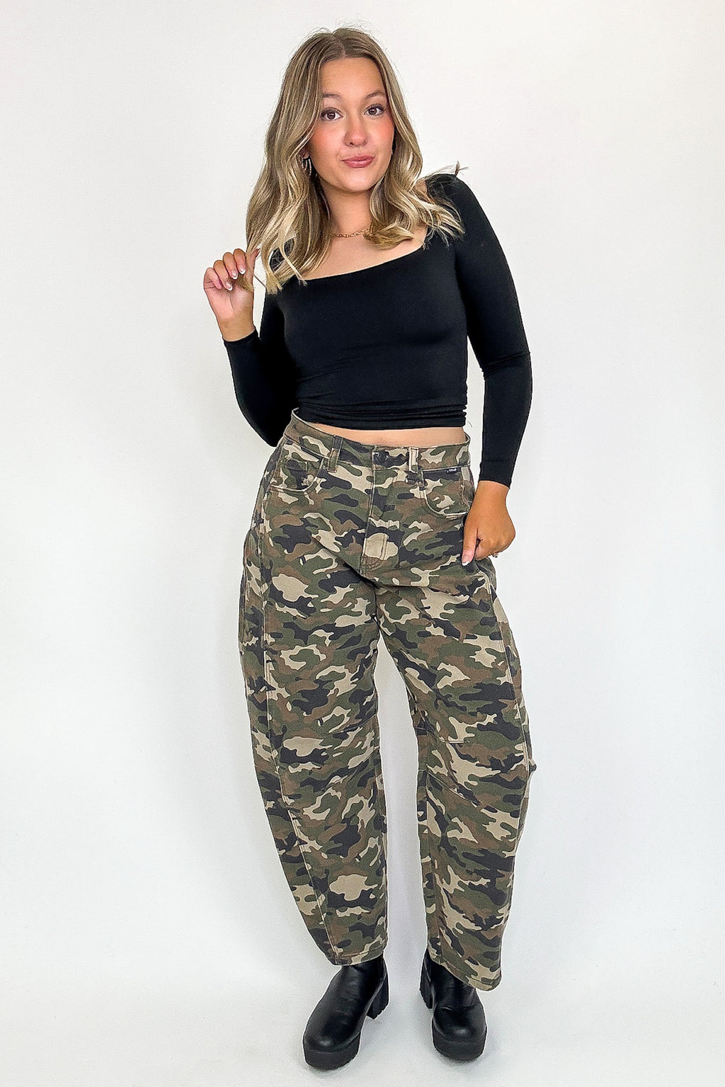 Rogue Terrain Camo Mid Waisted Barrel Leg Jeans - FINAL SALE - Madison and Mallory