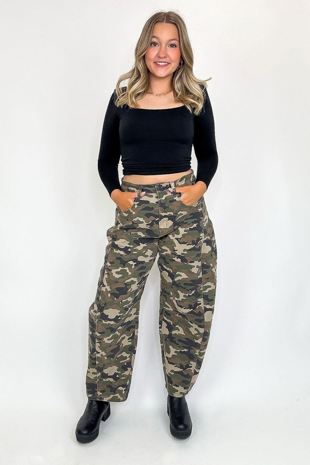 Rogue Terrain Camo Mid Waisted Barrel Leg Jeans - FINAL SALE - Madison and Mallory