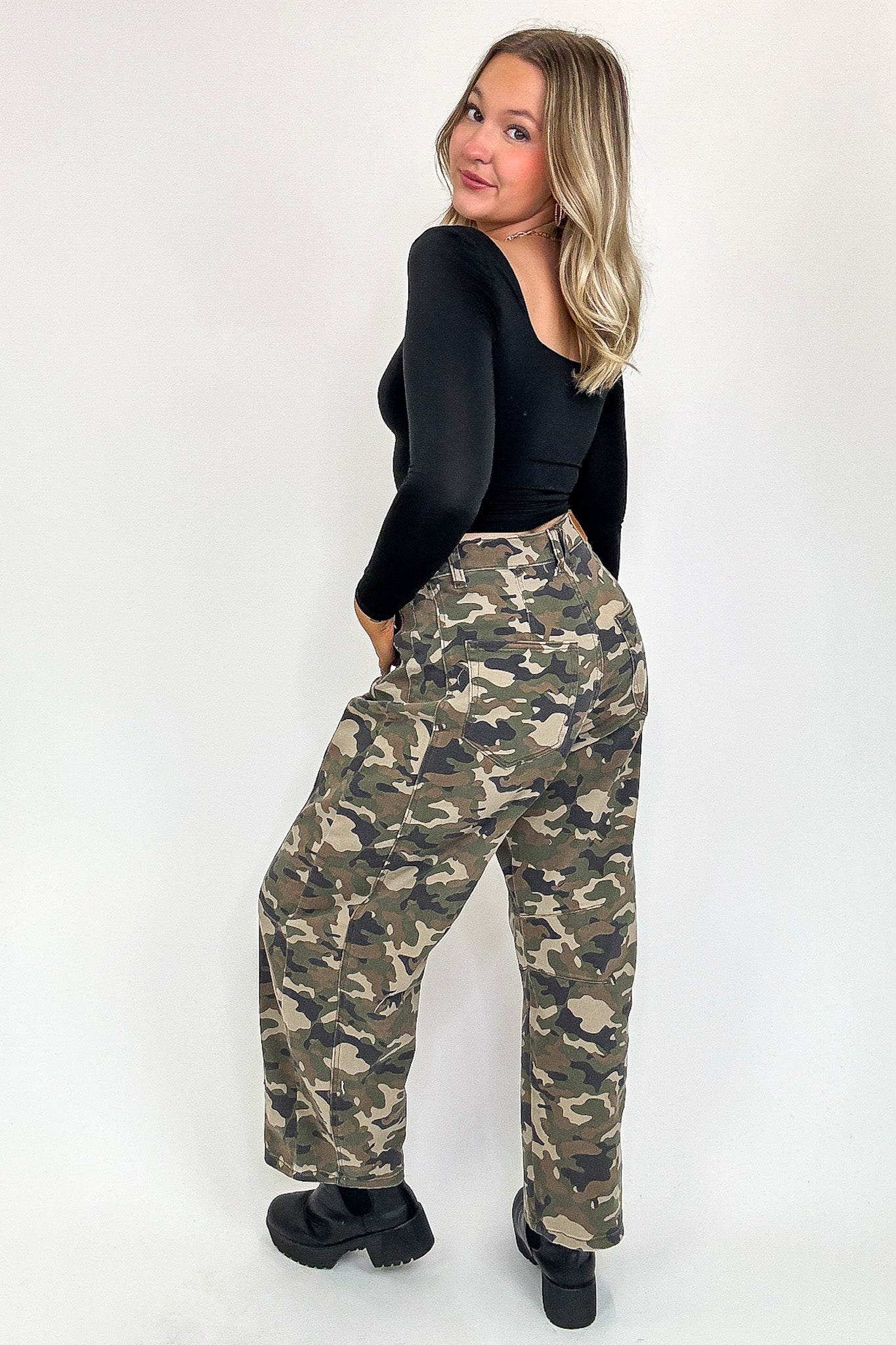 Rogue Terrain Camo Mid Waisted Barrel Leg Jeans - FINAL SALE - Madison and Mallory