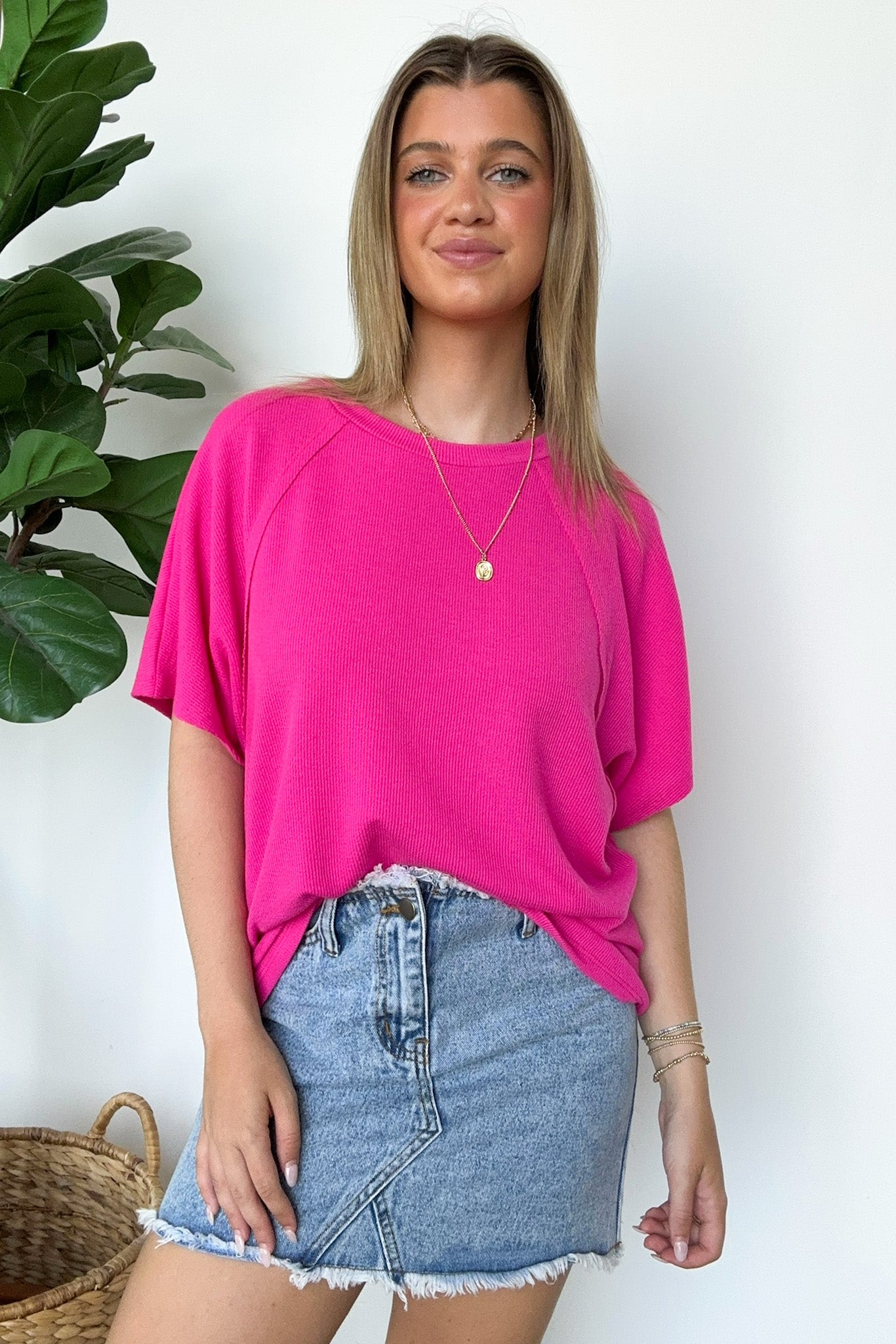 Hot PInk / S Roll With It Mini Ribbed Knit Relaxed Fit Top - Madison and Mallory