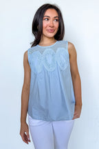 S / Baby Blue Romance Layer Lace Trim Mesh Yoke Top - Madison and Mallory