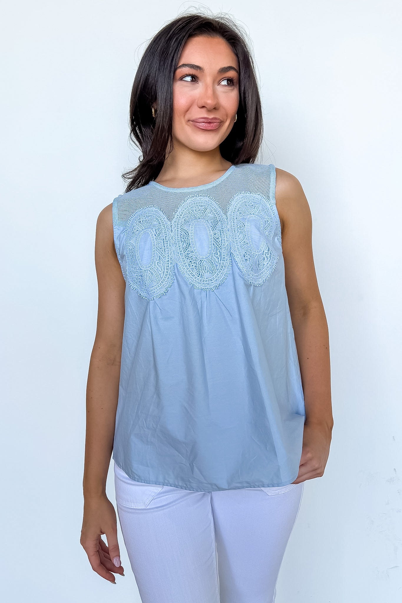 S / Baby Blue Romance Layer Lace Trim Mesh Yoke Top - Madison and Mallory