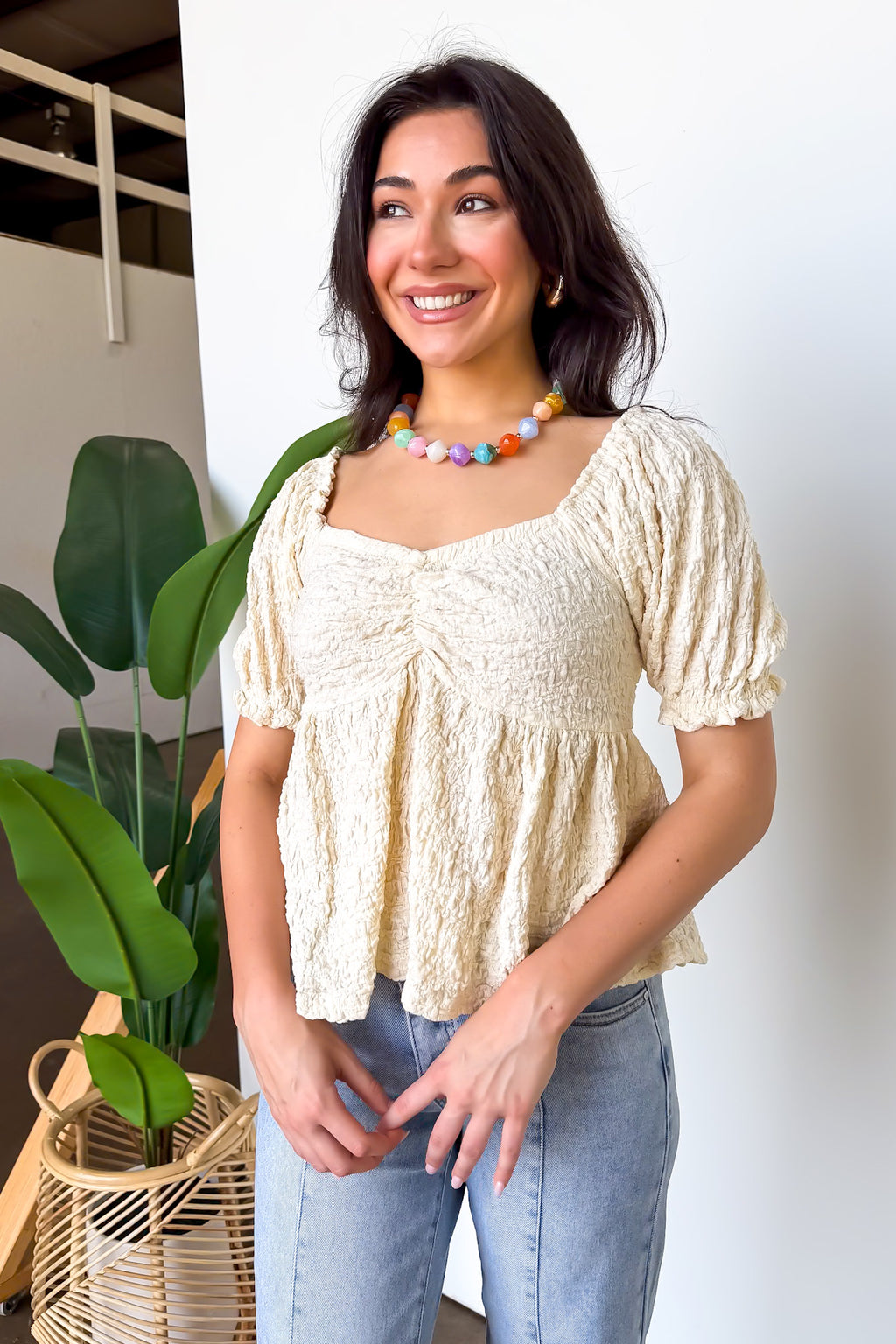 Off White / S Romantic Charm Puff Sleeve Babydoll Top - Madison and Mallory