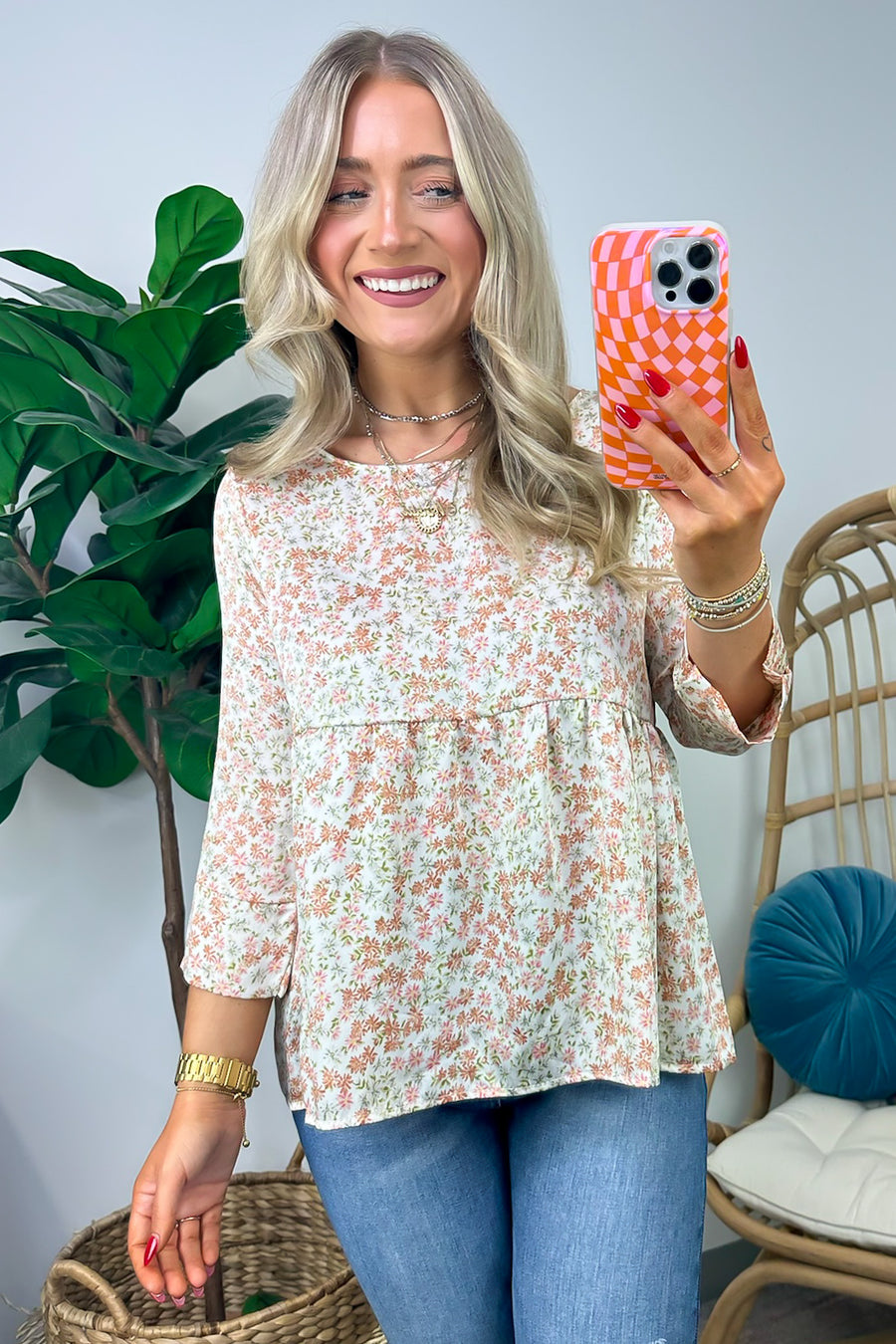 Off White / S Rossi 3/4 Sleeve Floral Flowy Top - FINAL SALE - Madison and Mallory