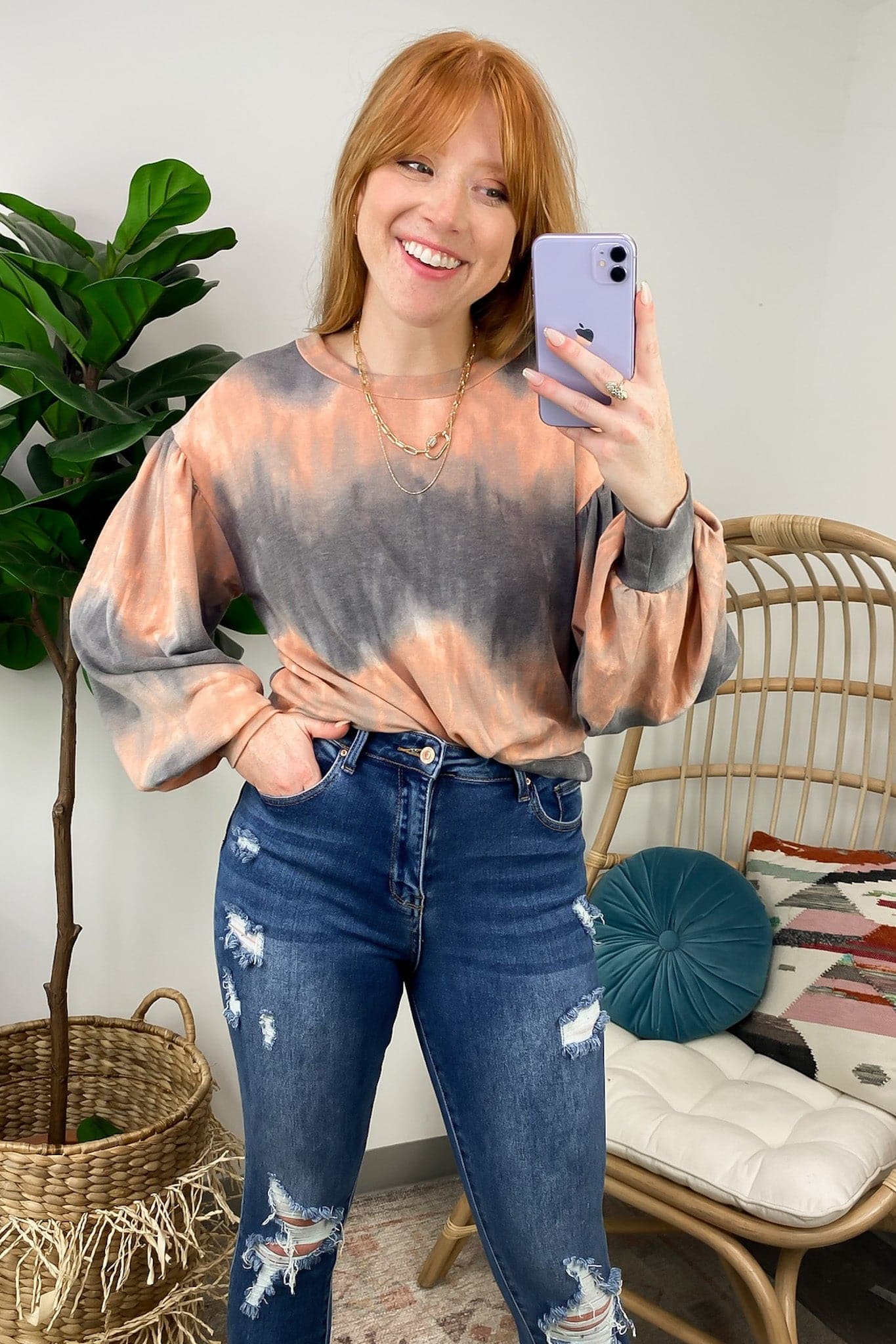 S / Charcoal Rossmore Ombre Dye Balloon Sleeve Top - FINAL SALE - Madison and Mallory