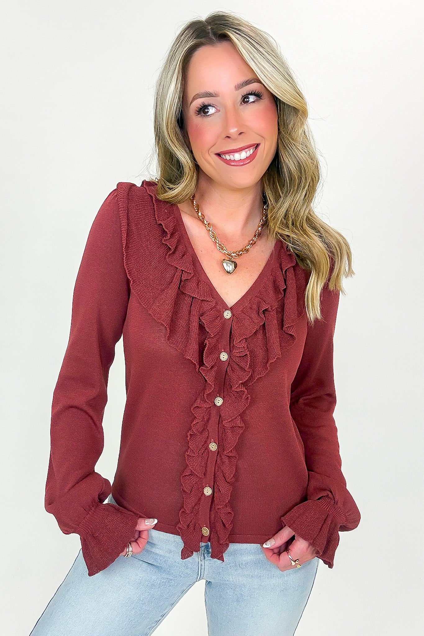 Ruffle Whisper Contrast Fine Gauge Button Front Top