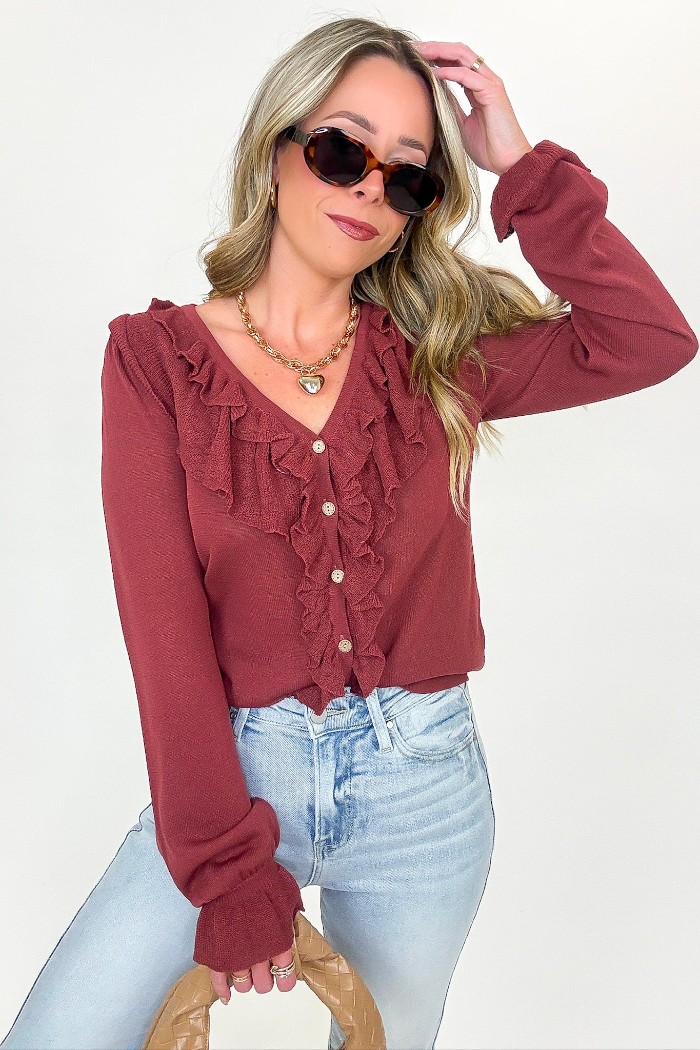 Ruffle Whisper Contrast Fine Gauge Button Front Top