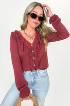 Ruffle Whisper Contrast Fine Gauge Button Front Top - FINAL SALE - Madison and Mallory
