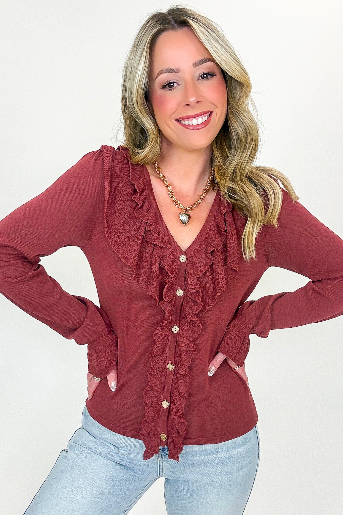 Ruffle Whisper Contrast Fine Gauge Button Front Top