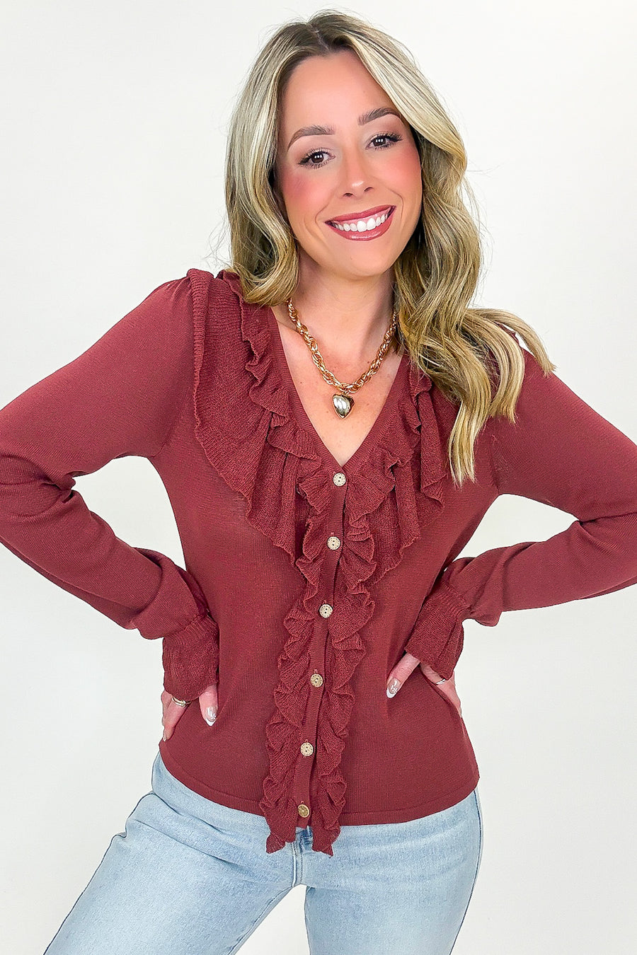 Ruffle Whisper Contrast Fine Gauge Button Front Top